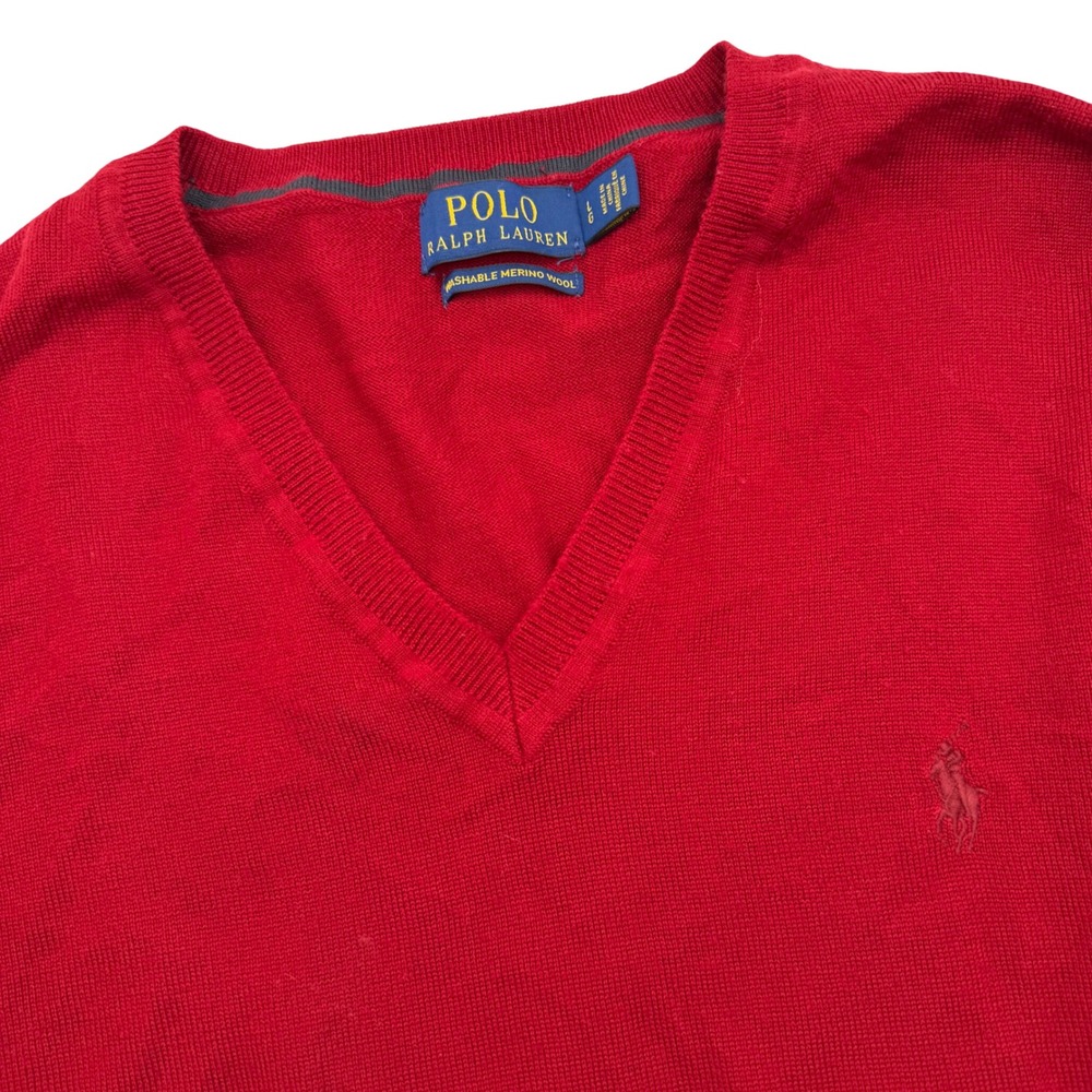 Polo Ralph Lauren Sweater Men's Large Red Merino Wool V-Neck Embroidered Pony